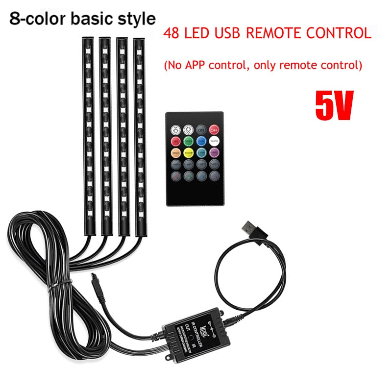 Car Interior Ambient LED Strip Lights – USB, Remote & App Control