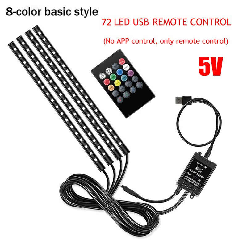 Car Interior Ambient LED Strip Lights – USB, Remote & App Control