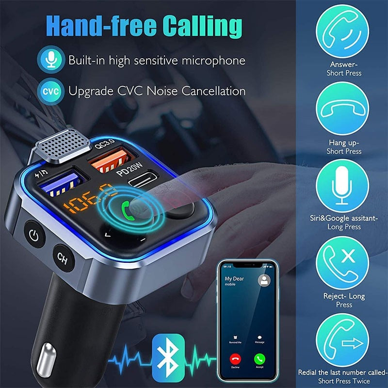 Bluetooth FM Transmitter for Car Adapter LENCENT BT23, Stronger Microphone & Bass Sound Bluetooth Radio Transmitter Car Adapter