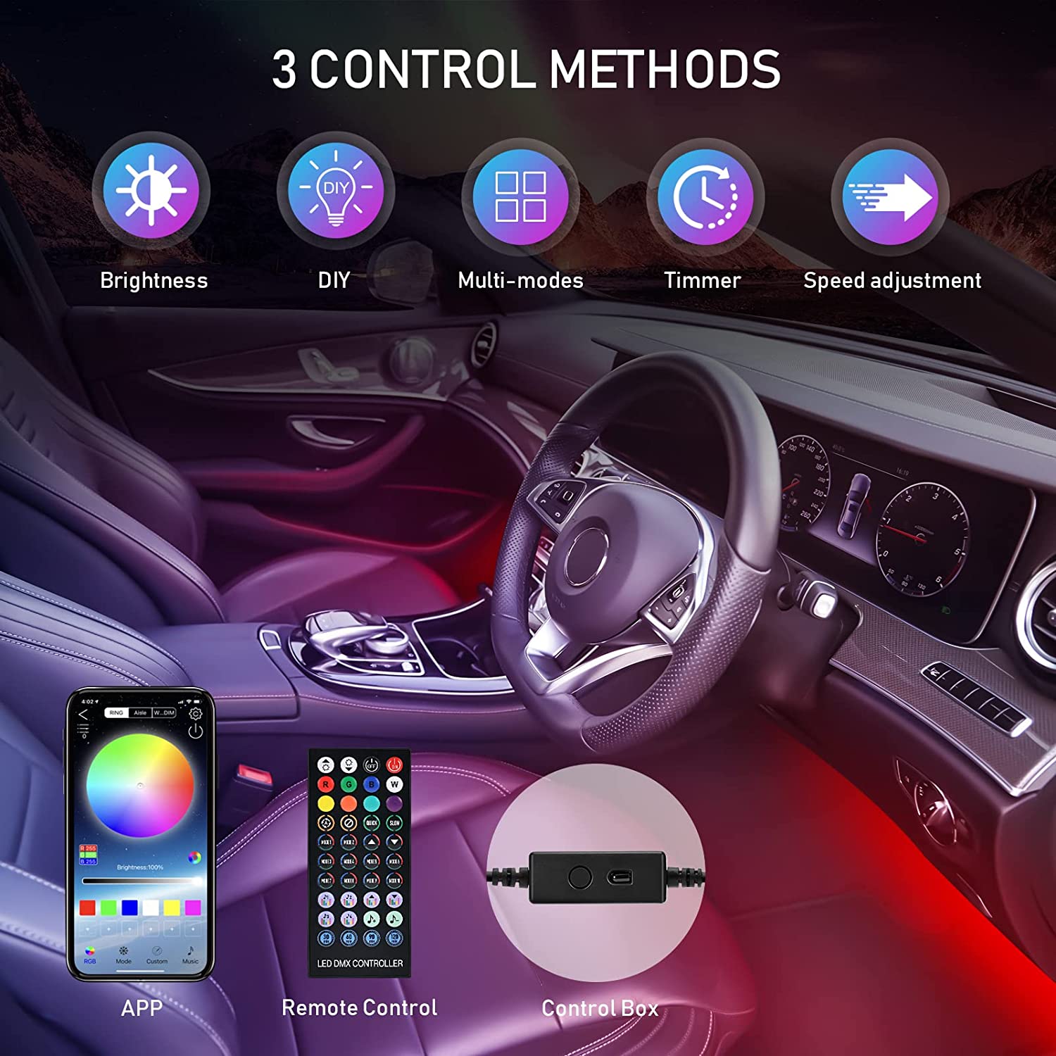 Car Interior Ambient LED Strip Lights – USB, Remote & App Control