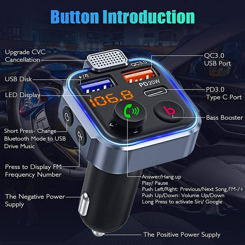 Bluetooth FM Transmitter for Car Adapter LENCENT BT23, Stronger Microphone & Bass Sound Bluetooth Radio Transmitter Car Adapter