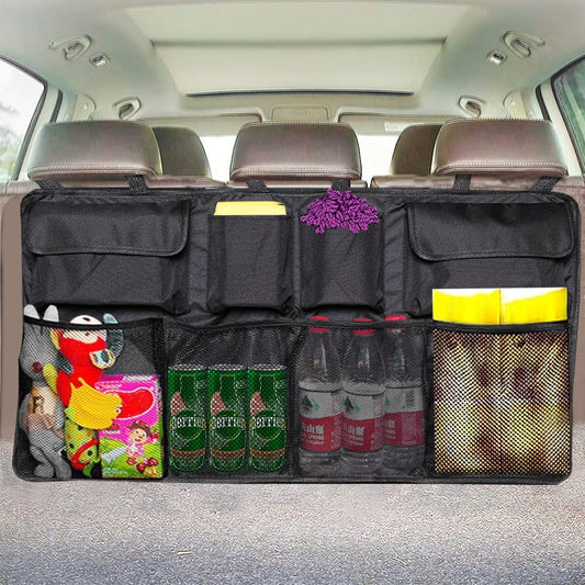 Car Boot Organiser Waterproof Kick Mats Car Organiser Seat Back Protectors, Multi-Pocket Children's Travel Storage, Durable Foldable Cargo Net Storage for Car Backseat Cover